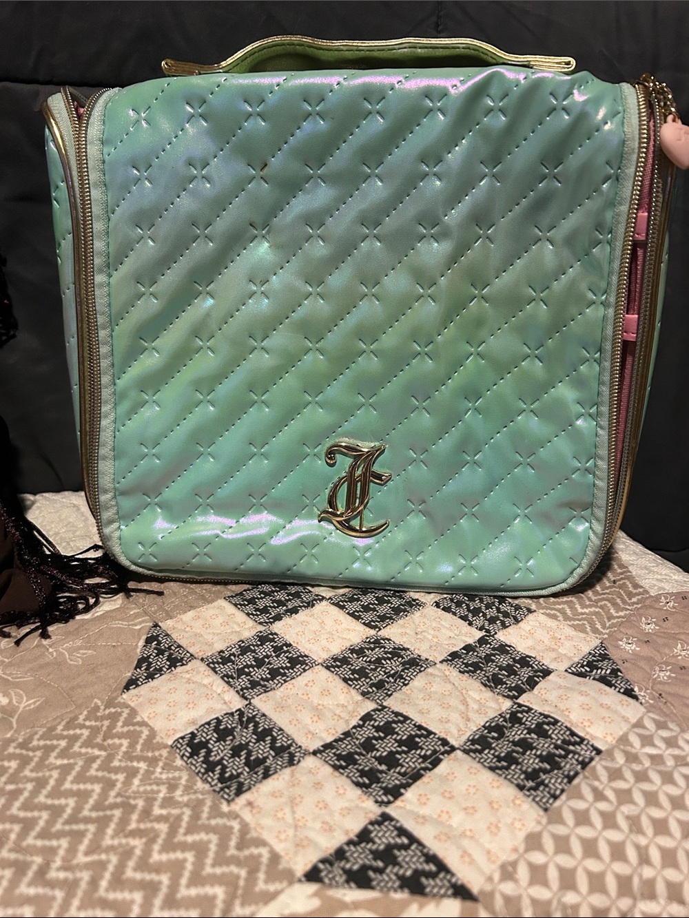 Juicy Couture Iridescent Mint Quilted Cosmetic Case with Gold Monogram